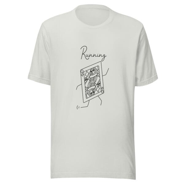 Unisex t-shirt in silver with a large queen playing card in black running