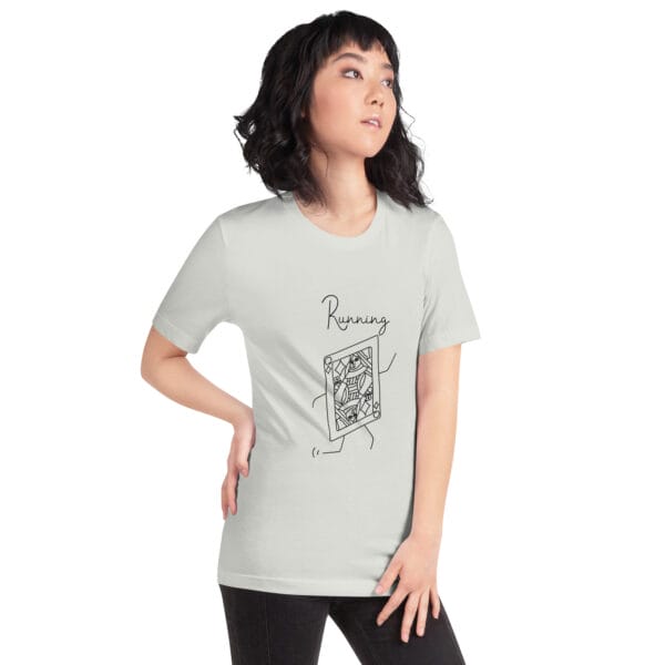 Young woman in silver t-shirt with a large queen playing card in black running, concept is a running queen