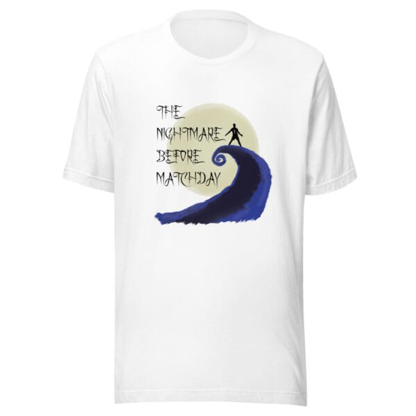 Unisex staple t-shirt in white with Cristiano Ronaldo 'Sui' celebration and text "The nightmare before matchday"