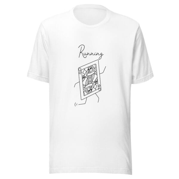 Unisex t-shirt in white with a large queen playing card in black running