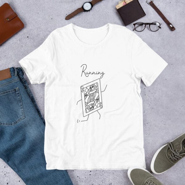 Unisex t-shirt in white with a queen playing card in black running