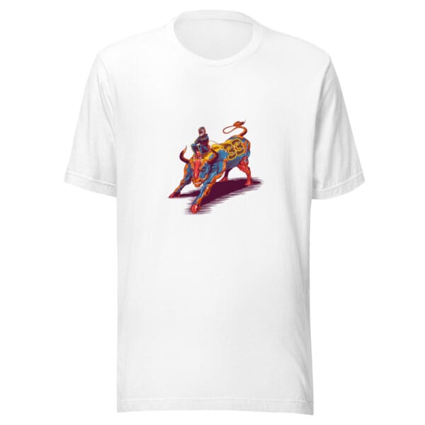 White unisex staple t-shirt with max verstappen sat arms folded on top of a raging bull with no.33