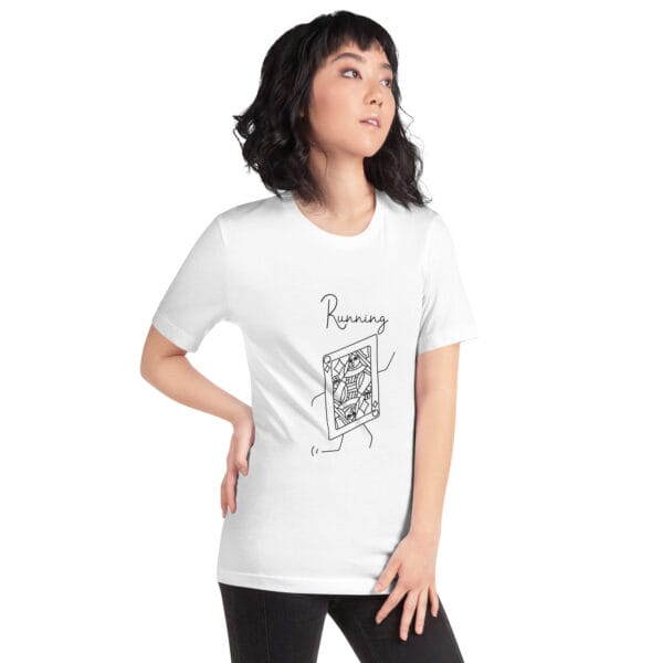 Young woman in white t-shirt with a large queen playing card in black running, concept is a running queen