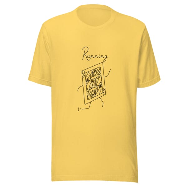 Unisex t-shirt in yellow with a large queen playing card in black running