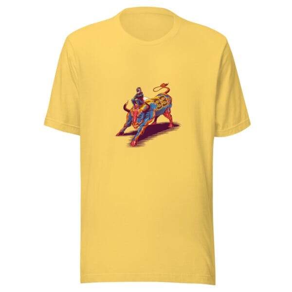 yellow unisex staple t-shirt with max verstappen sat arms folded on top of a raging bull with no.33