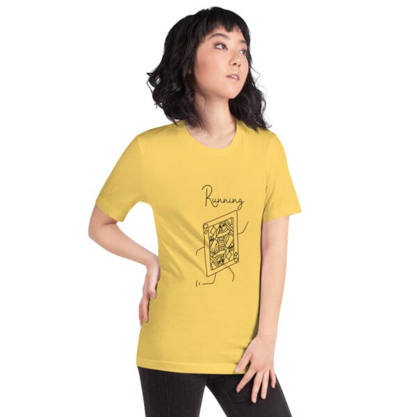 Young woman in yellow t-shirt with a large queen playing card in black running, concept is a running queen