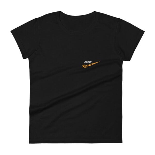 Women's short sleeve t-shirt in black with small text "Just Run" on left chest