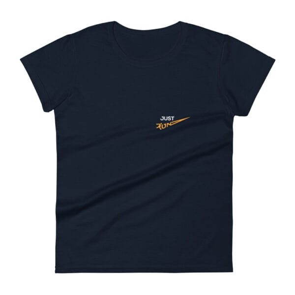 Women's short sleeve t-shirt in navy with small text "Just Run" on left chest