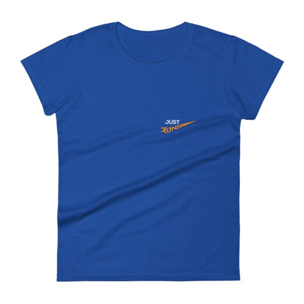 Women's short sleeve t-shirt in royal blue with small text "Just Run" on left chest