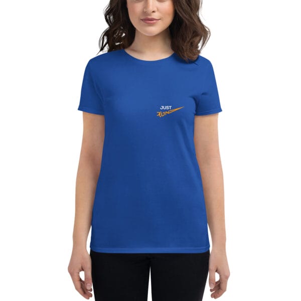 Young woman wearing a short sleeve t-shirt in royal blue with small text "Just Run" on left chest