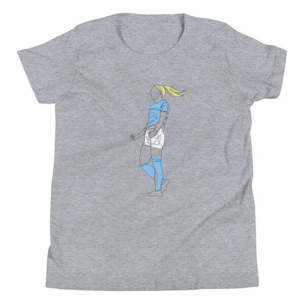 Youth staple t-shirt in athletic heather of Chloe Kelly celebrating a goal in Man City colours