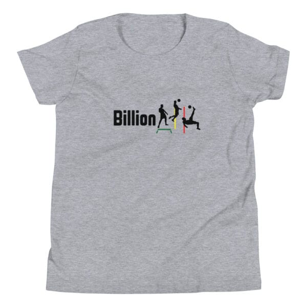 Athletic heather kids staple t-shirt with three iconic Cristiano Ronaldo silhouettes and text making 'Billionaire'