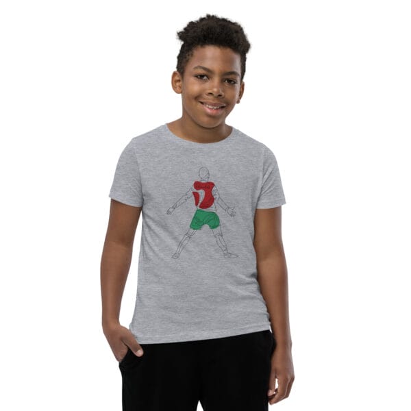 Young black boy wearing athletic heather staple t-shirt with Cristiano Ronaldo goal celebration 'Siii' in Portugal colours