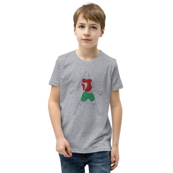 Young white boy wearing athletic heather staple t-shirt with Cristiano Ronaldo goal celebration 'Siii' in Portugal colours