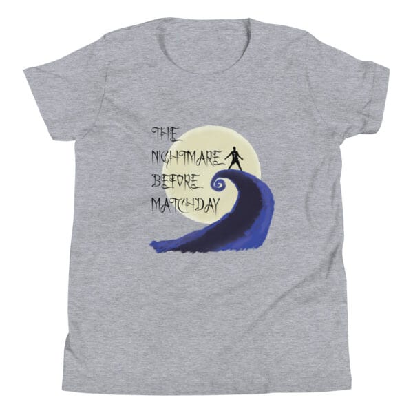 Athletic heather youth staple t-shirt with text 'The nightmare before matchday' and Ronaldo sii silhouette in front of moon