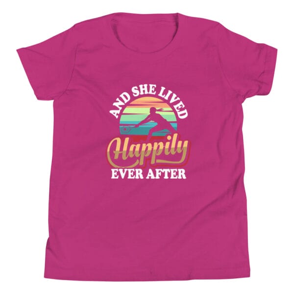 Youth staple berry t-shirt with tennis player silhouette in front of colourful background and text 'And she lived happily ever after'