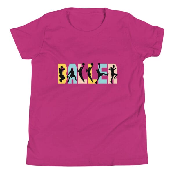 Youth staple t-shirt in berry with the text 'baller' and black basketball player silhouettes in each letter