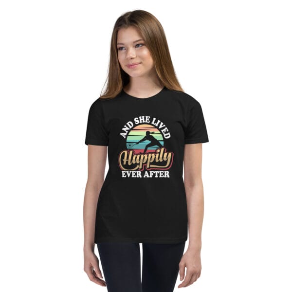 Young white girl wearing staple black t-shirt with tennis player silhouette in front of colourful background and text 'And she lived happily ever after'