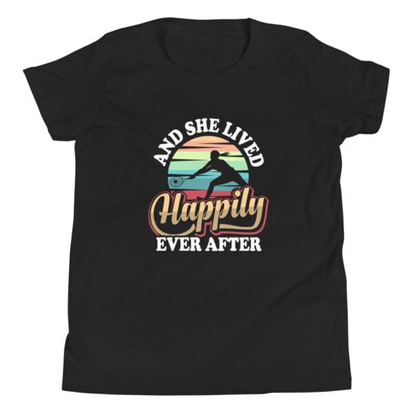 Youth staple black t-shirt with tennis player silhouette in front of colourful background and text 'And she lived happily ever after'