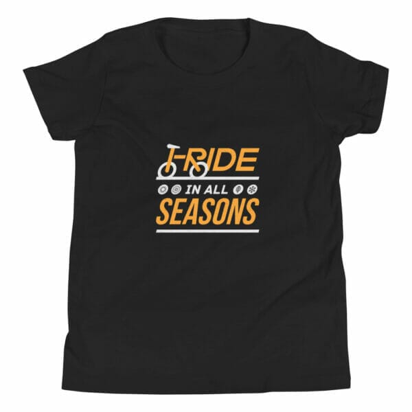 Youth staple t-shirt in black with text 'I ride in all seasons'