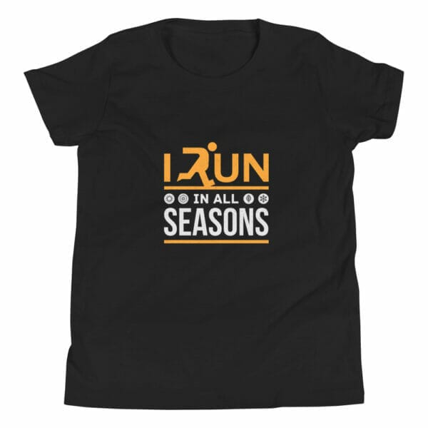 Youth staple t-shirt in black with text 'I run in all seasons' and small seasonal icons