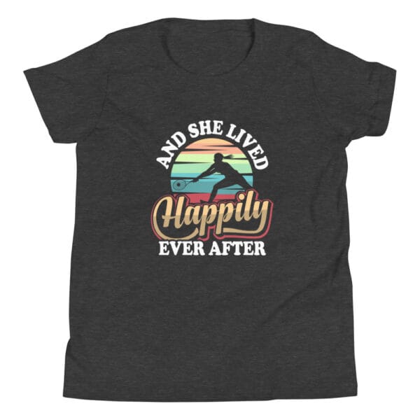 Youth staple dark grey heather t-shirt with tennis player silhouette in front of colourful background and text 'And she lived happily ever after'