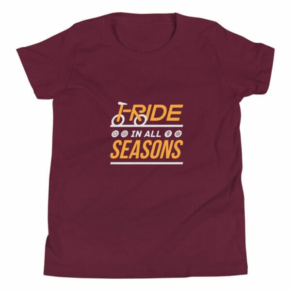 Youth staple t-shirt in maroon with text 'I ride in all seasons'