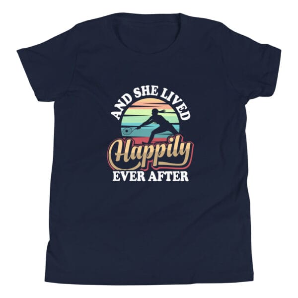 Youth staple navy t-shirt with tennis player silhouette in front of colourful background and text 'And she lived happily ever after'