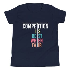 Youth staple t-shirt in navy with text 'Competition is best when fair'