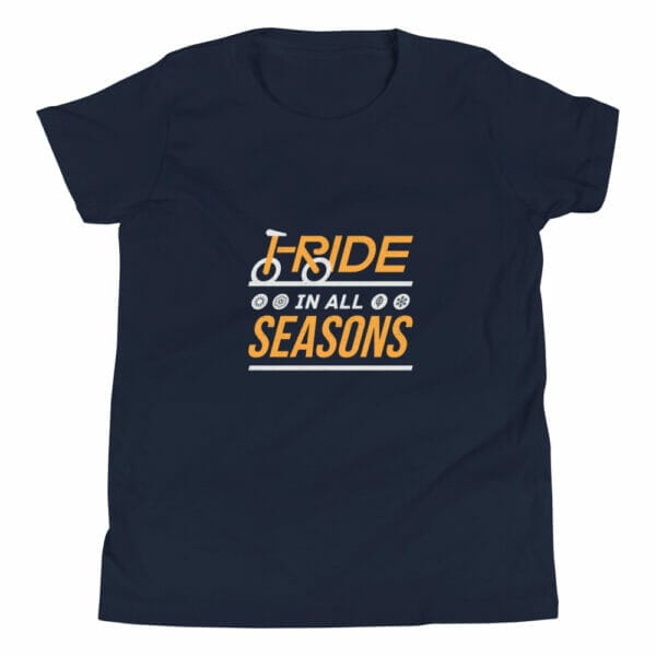 Youth staple t-shirt in navy with text 'I ride in all seasons'