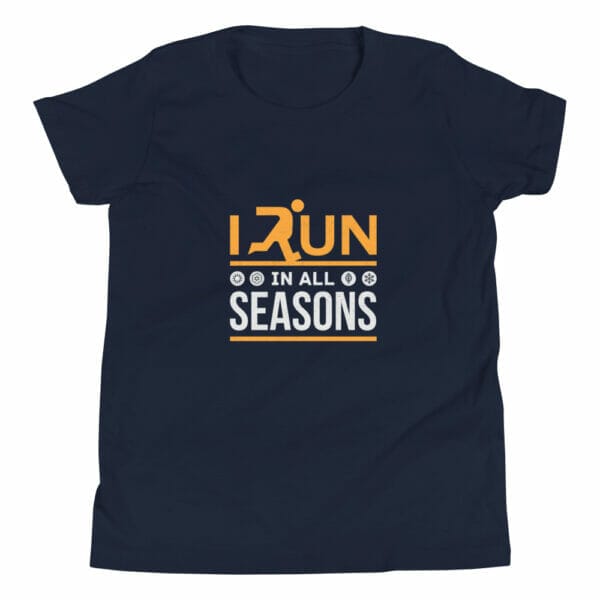 Youth staple t-shirt in navy with text 'I run in all seasons' and small seasonal icons