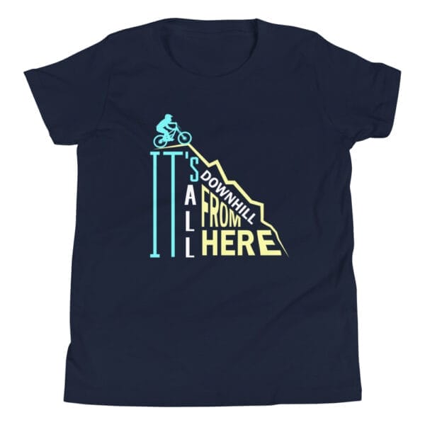 Youth staple t-shirt in navy with mountain biker going down the text "It's all downhill from here"