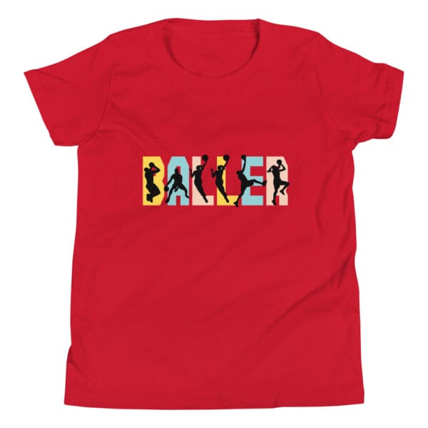 Youth staple t-shirt in red with the text 'baller' and black basketball player silhouettes in each letter