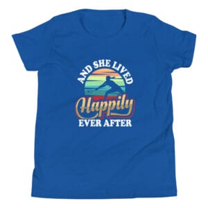 Youth staple royal blue t-shirt with tennis player silhouette in front of colourful background and text 'And she lived happily ever after'