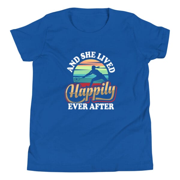 Youth staple royal blue t-shirt with tennis player silhouette in front of colourful background and text 'And she lived happily ever after'