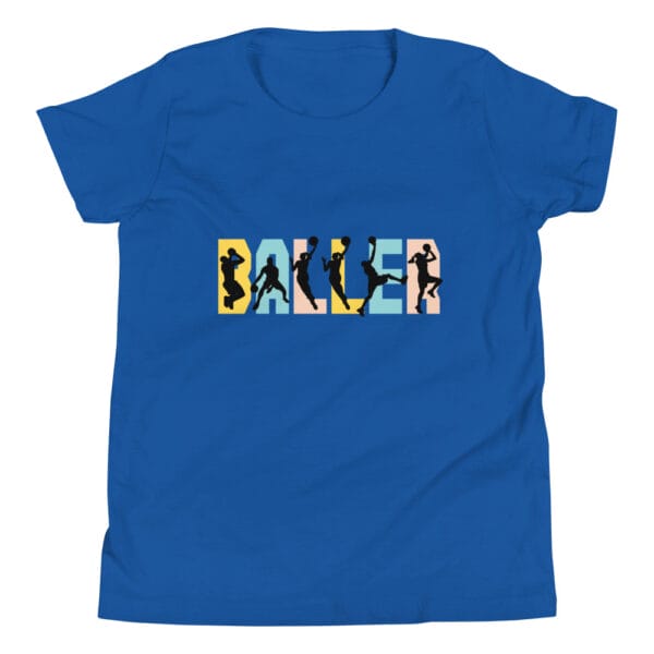 Youth staple t-shirt in true royal with the text 'baller' and black basketball player silhouettes in each letter