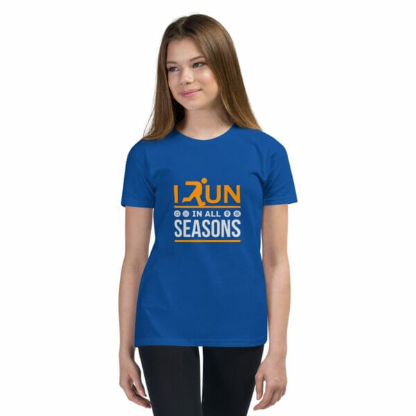 Girl wearing true royal staple t-shirt with text 'I run in all seasons' and small seasonal icons