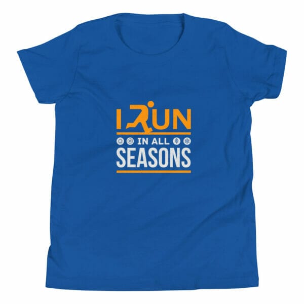 Youth staple t-shirt in true royal with text 'I run in all seasons' and small seasonal icons