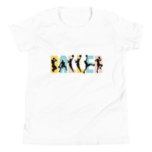 Youth staple t-shirt in white with the text 'baller' and black basketball player silhouettes in each letter