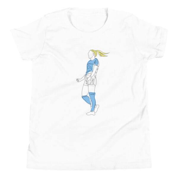 Youth staple t-shirt in white of Chloe Kelly celebrating a goal in Man City colours