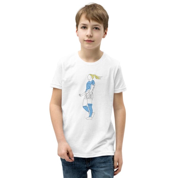 Young boy wearing a white staple t-shirt of Chloe Kelly celebrating a goal in Man City colours