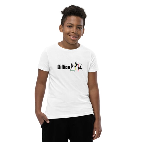 Young black boy white heather staple t-shirt with three iconic Cristiano Ronaldo silhouettes and text making 'Billionaire'