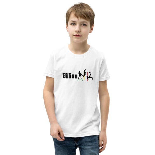 Young white boy wearing white staple t-shirt with three iconic Cristiano Ronaldo silhouettes and text making 'Billionaire'