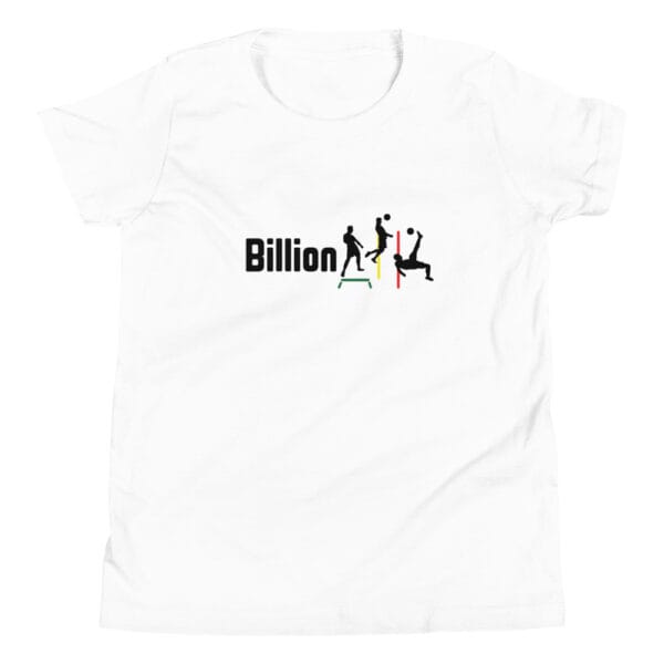 White kids staple t-shirt with three iconic Cristiano Ronaldo silhouettes and text making 'Billionaire'