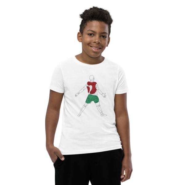 Young black boy wearing white staple t-shirt with Cristiano Ronaldo goal celebration 'Siii' in Portugal colours