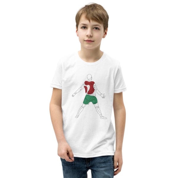 Young white boy wearing white staple t-shirt with Cristiano Ronaldo goal celebration 'Siii' in Portugal colours