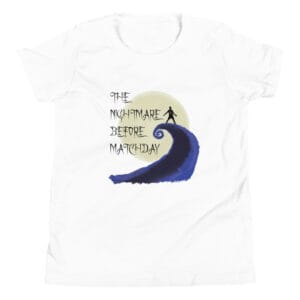 White youth staple t-shirt with text 'The nightmare before matchday' and Ronaldo sii silhouette in front of moon