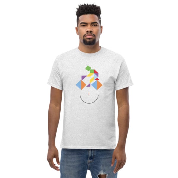 Man wearing ash t-shirt with colourful cycling tangram and a curve for a smile