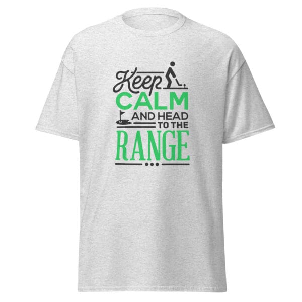 Men's classic tee in ash with text 'Keep calm and head to the range' and simple golf graphics