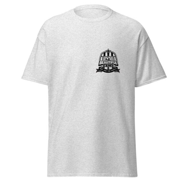 Men's classic tee in ash with small black the beautiful game crest on left side of chest